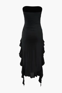 Ruffle Hem Slit Strapless Midi Dress