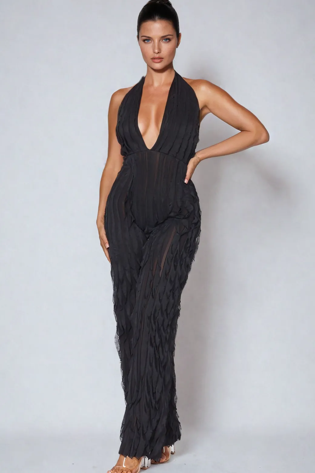 Ruffle Knot Halter Backless Jumpsuit