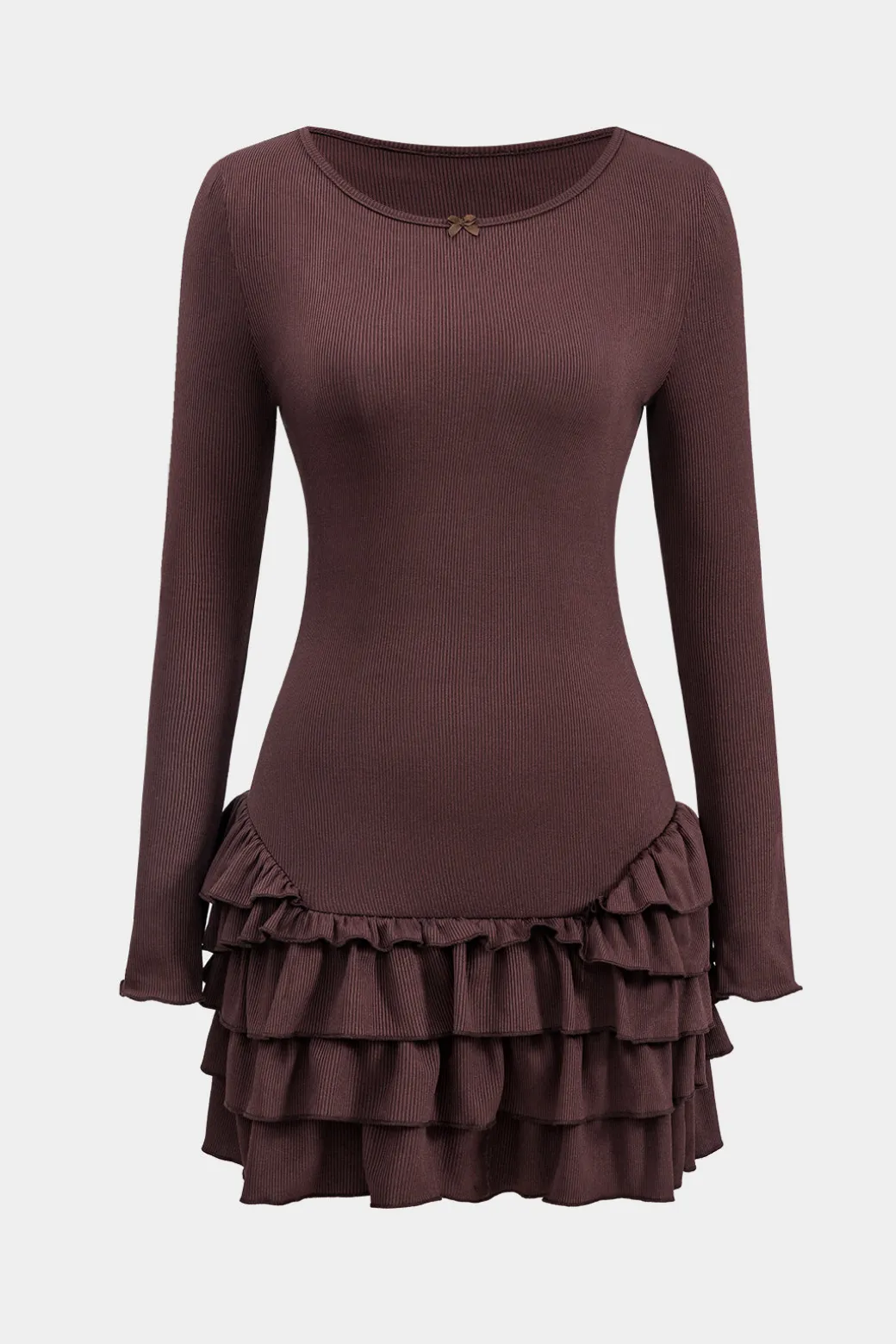 Ruffle Round Neck Long Sleeve Mini Dress