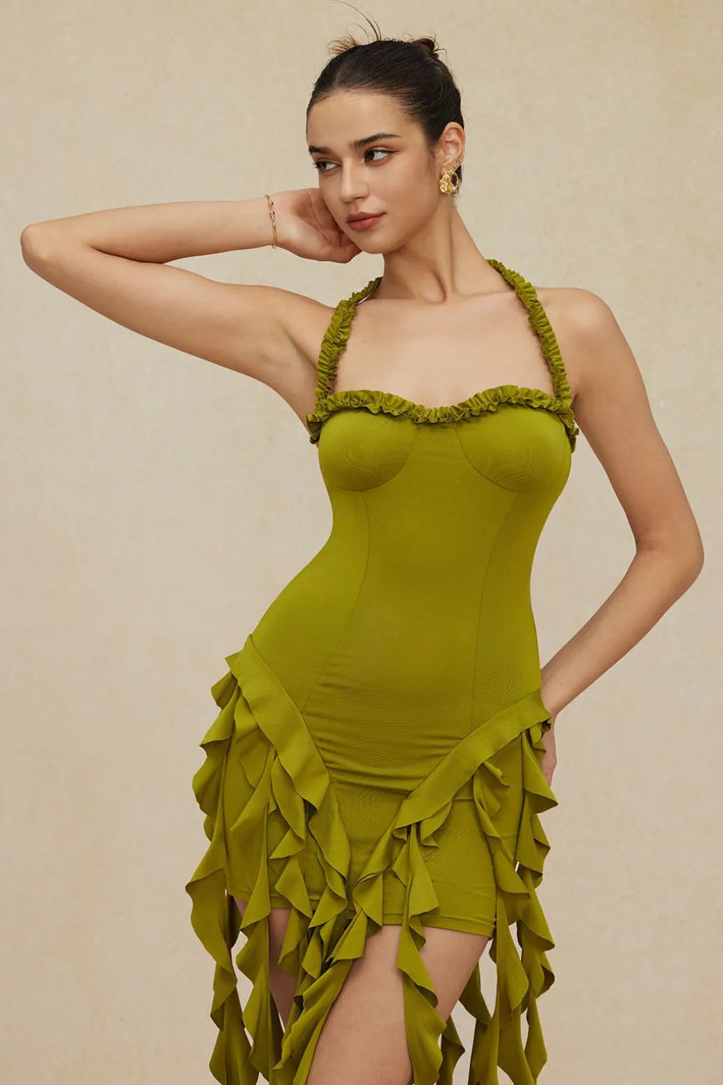 Ruffle Tassel Halter Bustier Mini Dress