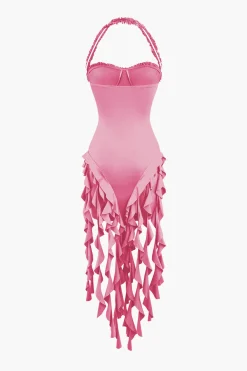 Ruffle Tassel Halter Bustier Mini Dress
