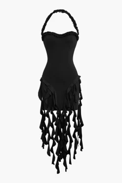 Ruffle Tassel Halter Bustier Mini Dress