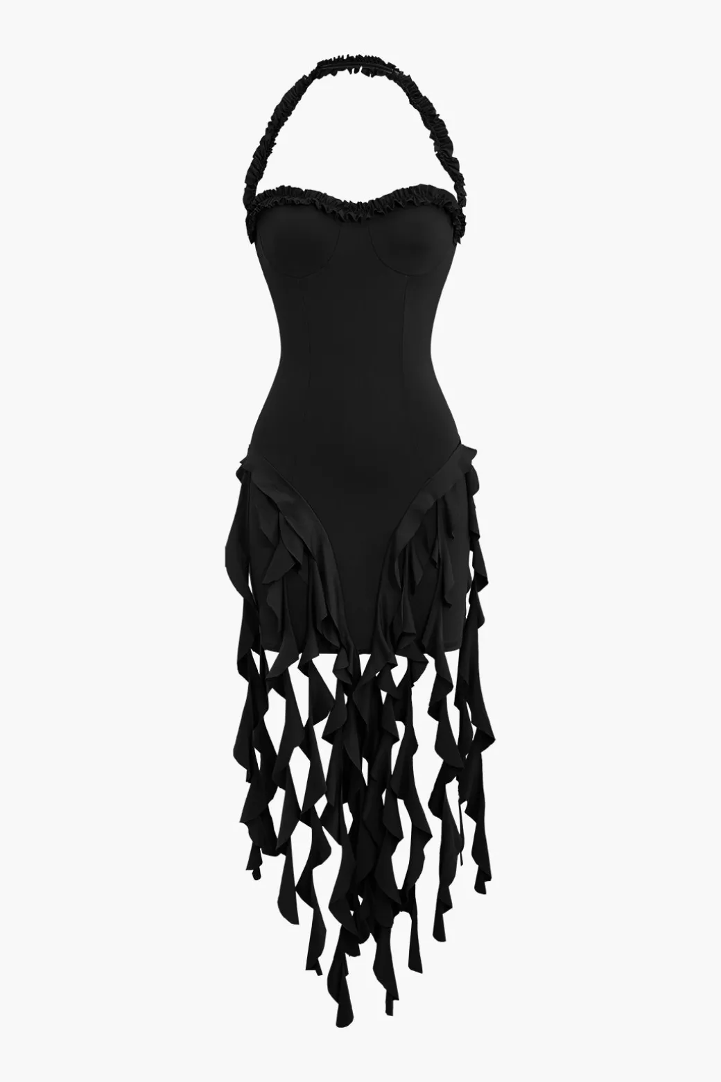 Ruffle Tassel Halter Bustier Mini Dress