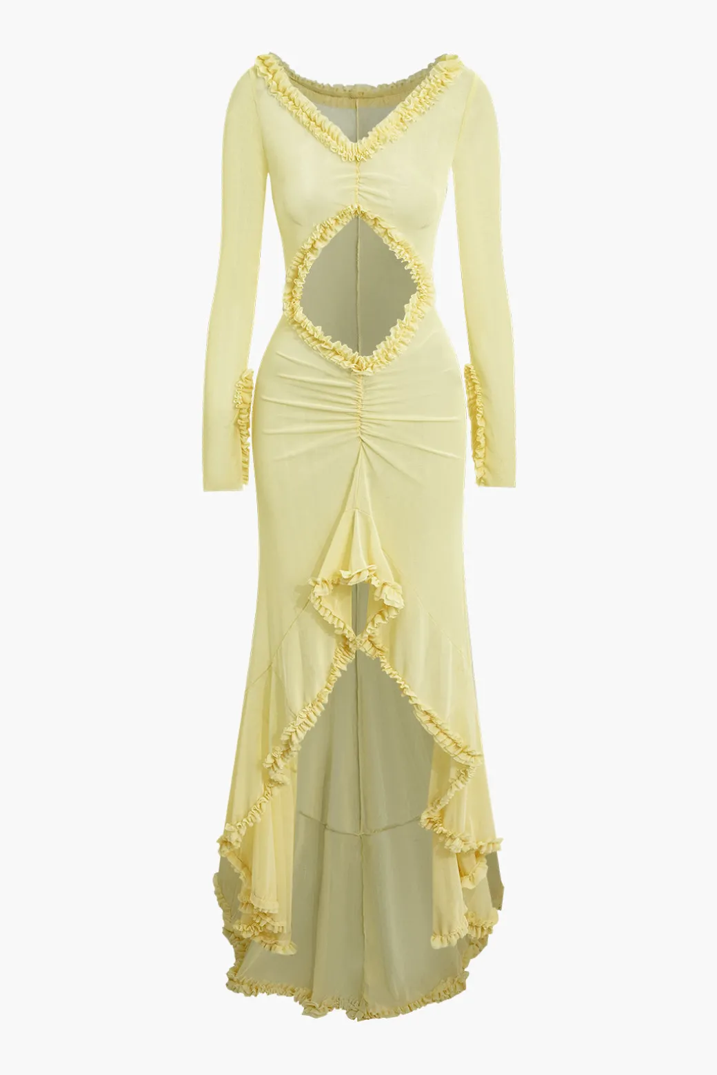 Ruffle Trim Ruched Cut Out Maxi Dress