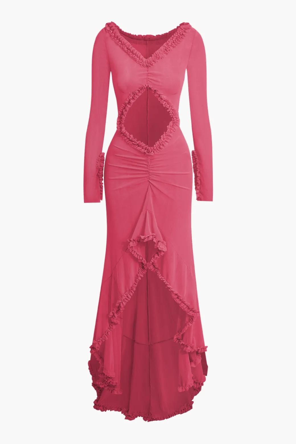 Ruffle Trim Ruched Cut Out Maxi Dress