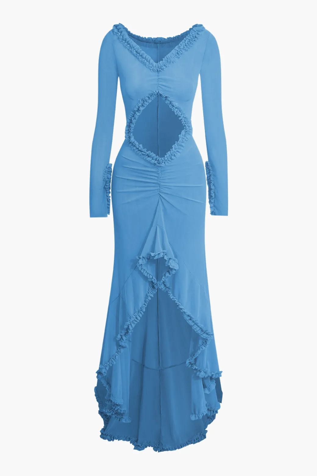 Ruffle Trim Ruched Cut Out Maxi Dress