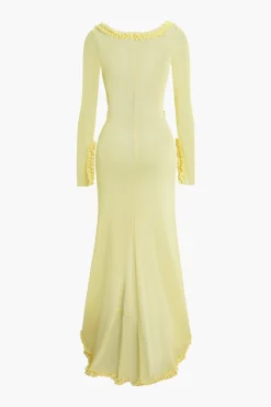 Ruffle Trim Ruched Cut Out Maxi Dress