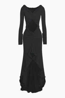 Ruffle Trim Ruched Cut Out Maxi Dress