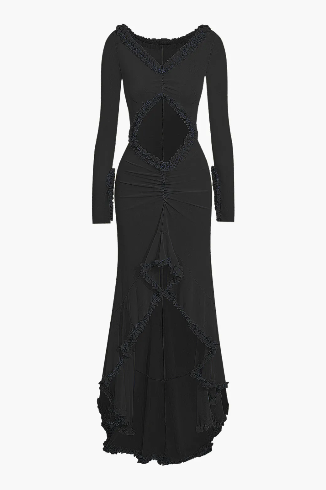 Ruffle Trim Ruched Cut Out Maxi Dress