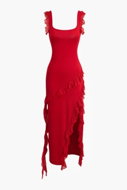Ruffle Trim Square Neck Slit Sleeveless Maxi Dress