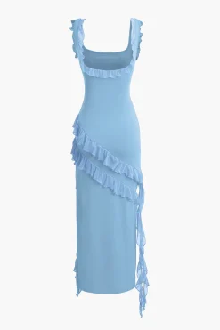 Ruffle Trim Square Neck Slit Sleeveless Maxi Dress