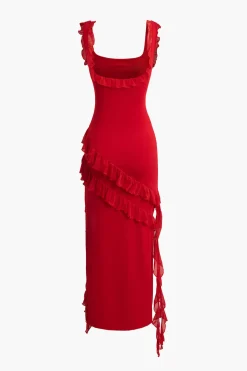 Ruffle Trim Square Neck Slit Sleeveless Maxi Dress