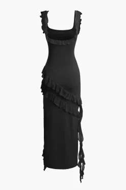 Ruffle Trim Square Neck Slit Sleeveless Maxi Dress