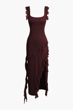 Ruffle Trim Square Neck Slit Sleeveless Maxi Dress