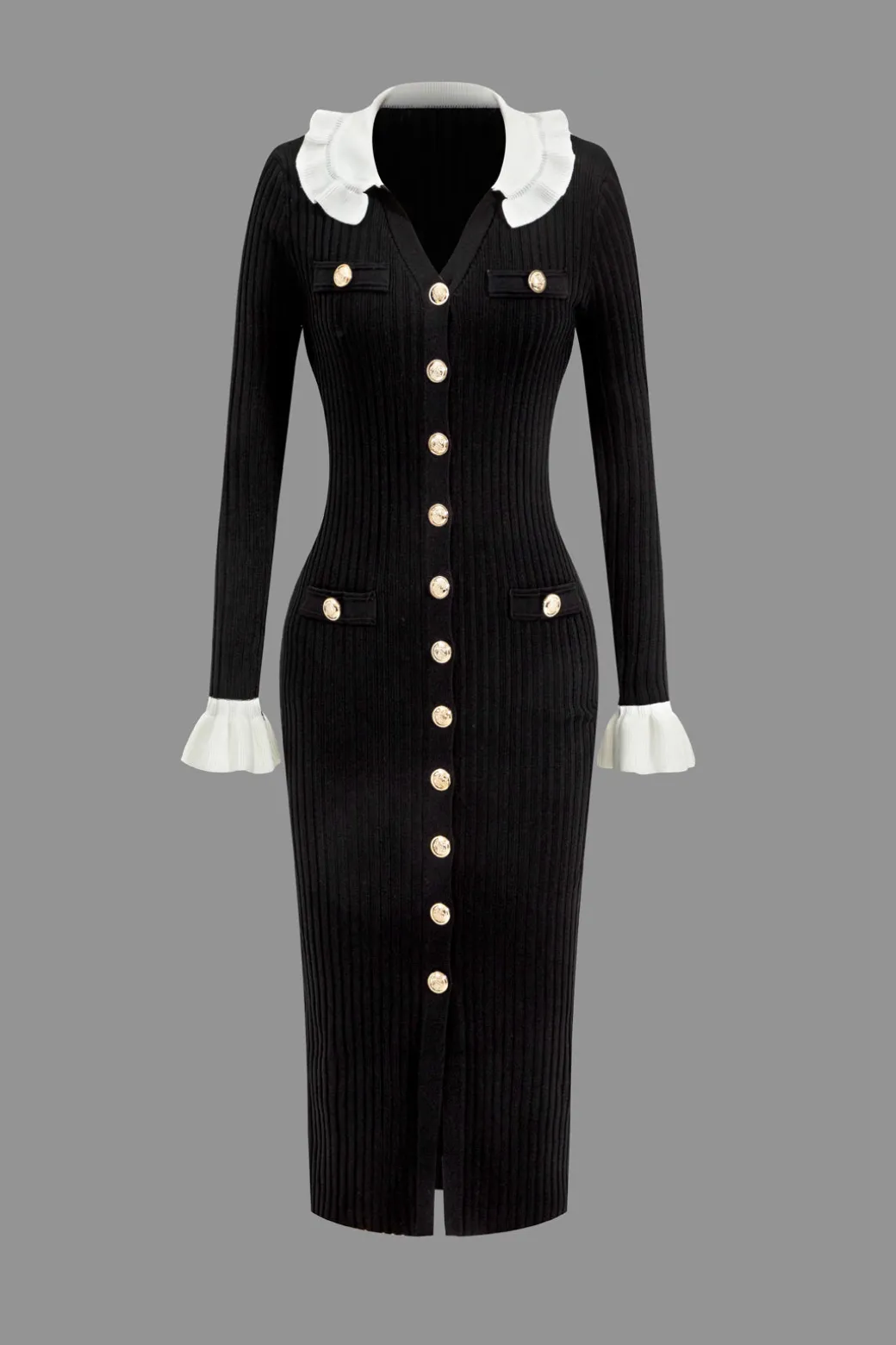 Ruffled Cuffs And Collar Ribbed Knit Button Front Midi Dress