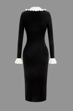 Ruffled Cuffs And Collar Ribbed Knit Button Front Midi Dress