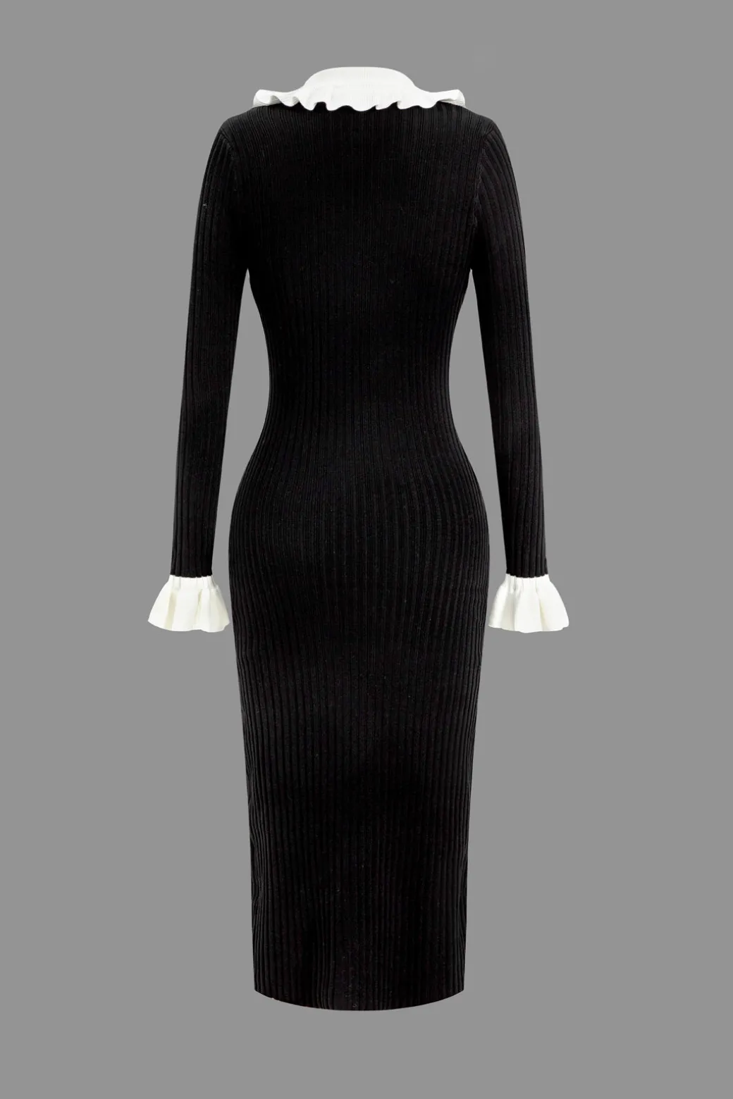Ruffled Cuffs And Collar Ribbed Knit Button Front Midi Dress