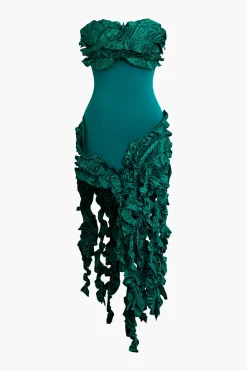 Ruffled Fringe Strapless Midi Dress