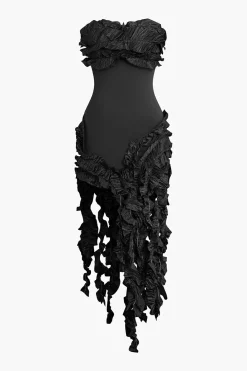 Ruffled Fringe Strapless Midi Dress
