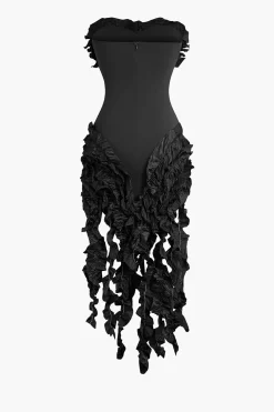 Ruffled Fringe Strapless Midi Dress