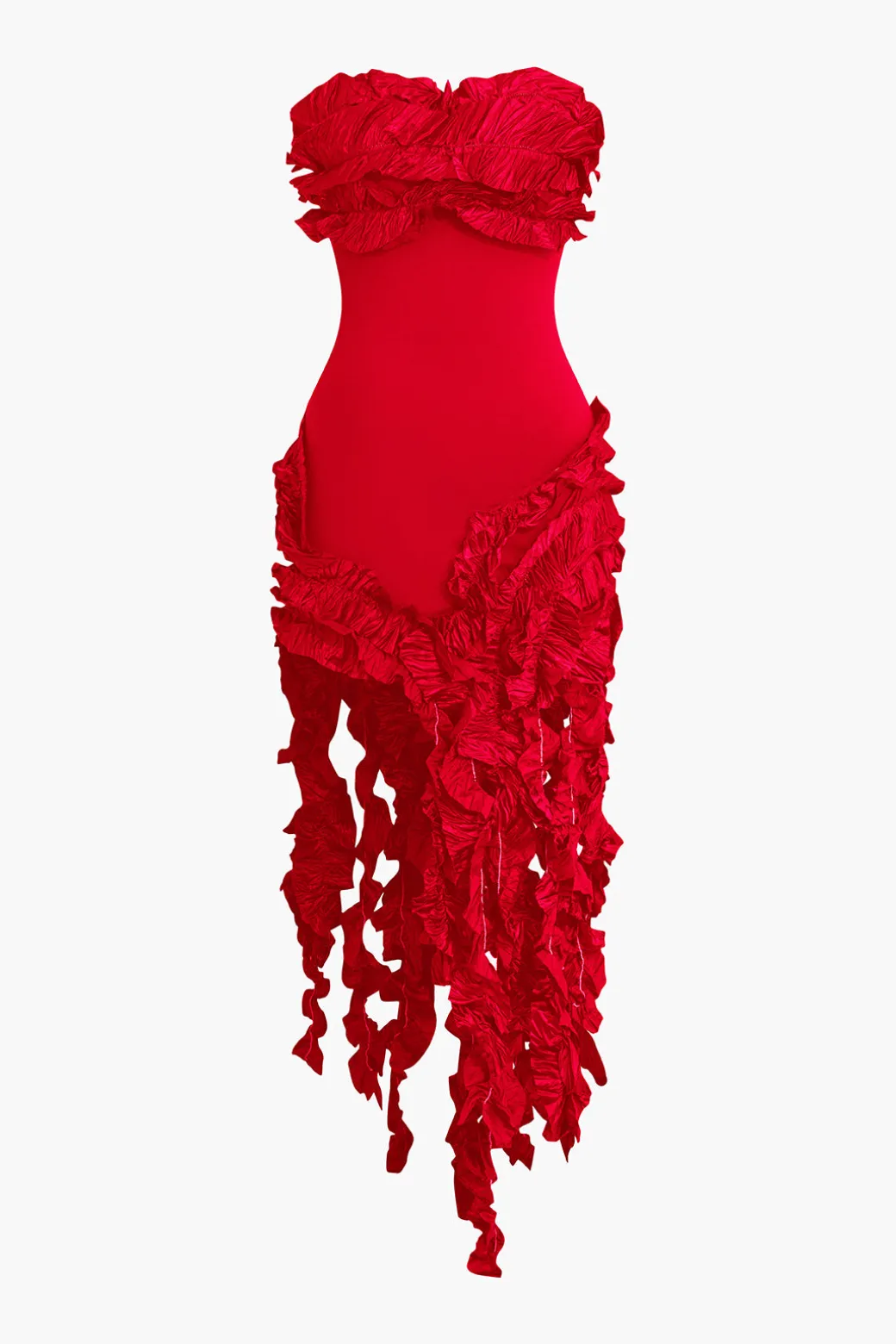 Ruffled Fringe Strapless Midi Dress