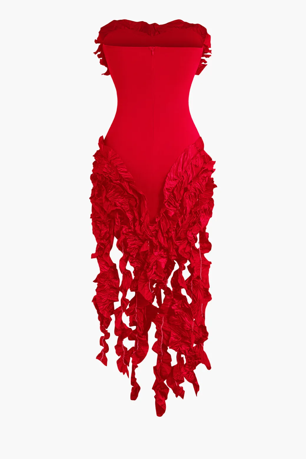 Ruffled Fringe Strapless Midi Dress