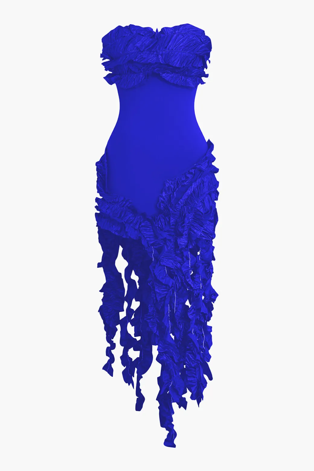 Ruffled Fringe Strapless Midi Dress