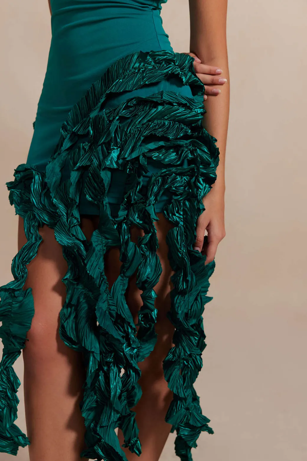 Ruffled Fringe Strapless Midi Dress