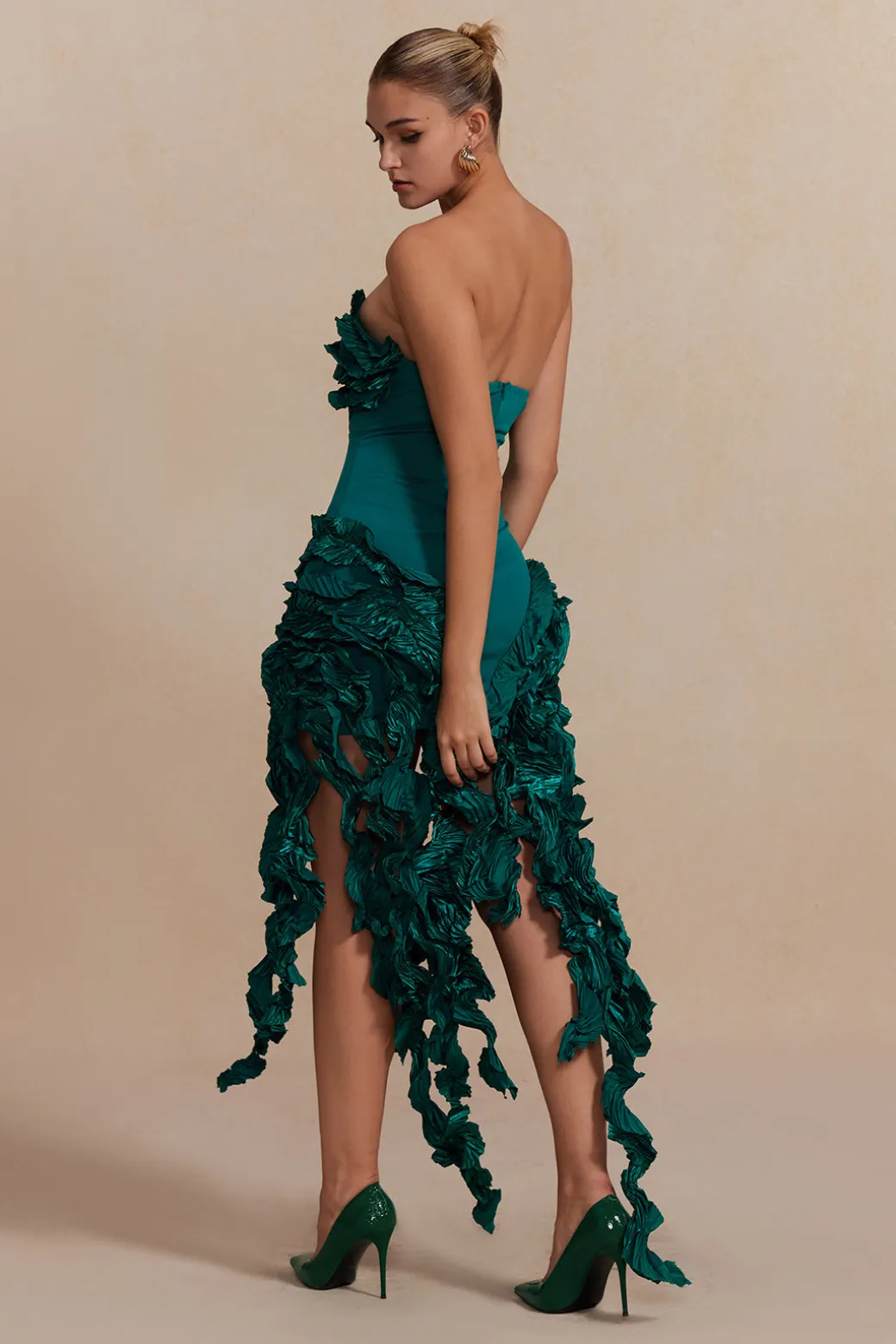 Ruffled Fringe Strapless Midi Dress