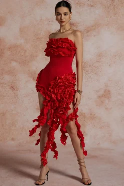 Ruffled Fringe Strapless Midi Dress