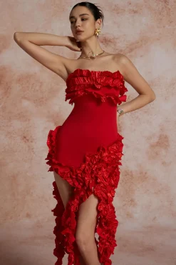 Ruffled Fringe Strapless Midi Dress