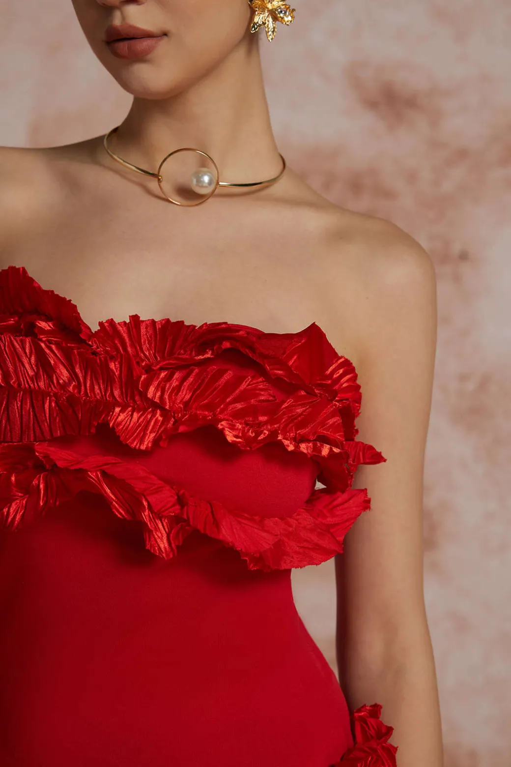 Ruffled Fringe Strapless Midi Dress