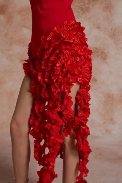 Ruffled Fringe Strapless Midi Dress