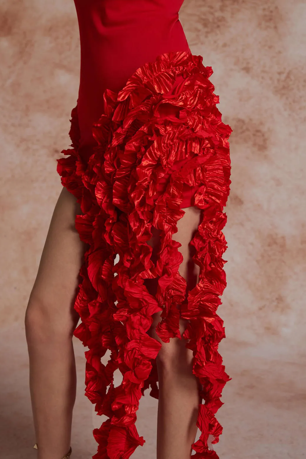 Ruffled Fringe Strapless Midi Dress