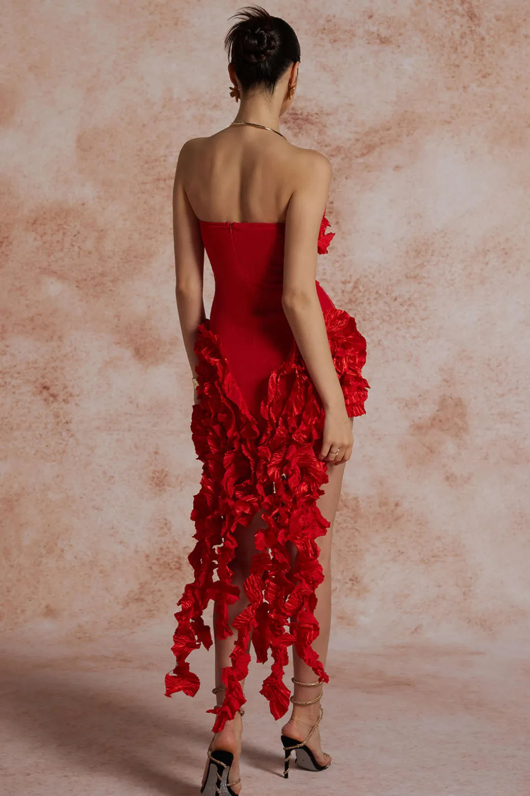 Ruffled Fringe Strapless Midi Dress