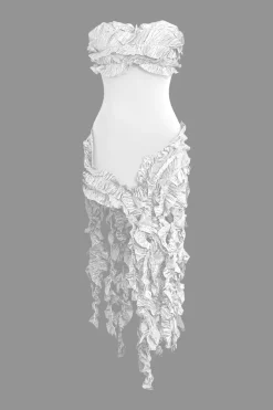 Ruffled Fringe Strapless Midi Dress