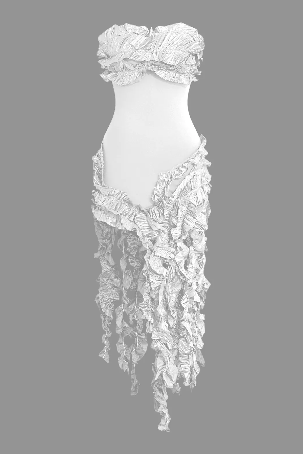 Ruffled Fringe Strapless Midi Dress