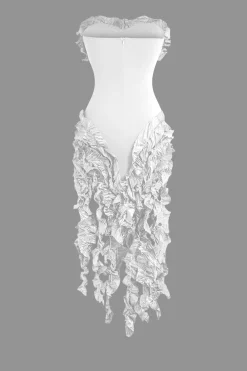 Ruffled Fringe Strapless Midi Dress