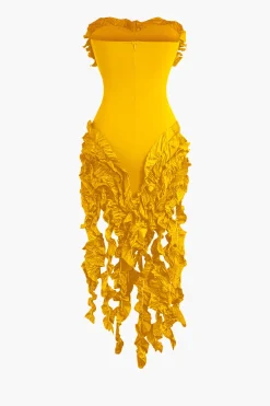 Ruffled Fringe Strapless Midi Dress