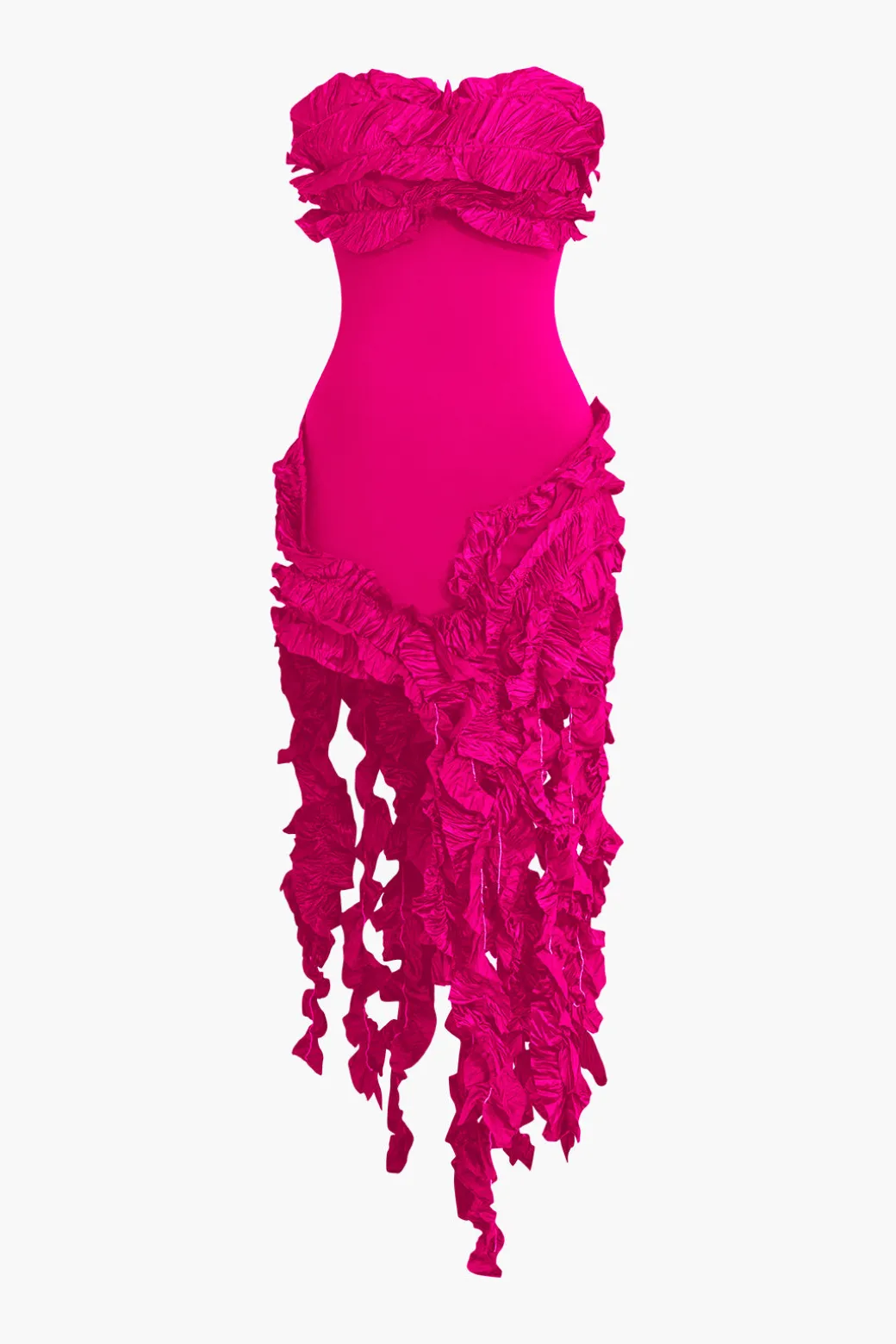 Ruffled Fringe Strapless Midi Dress
