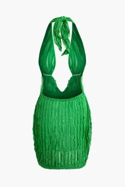 Ruffled Halter Backless Deep V-neck Mini Dress