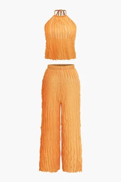 Ruffled Textured Halter Crop Top And Wide-Leg Pants Set