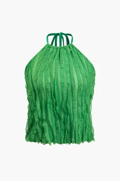 Ruffled Textured Halter Crop Top And Wide-Leg Pants Set