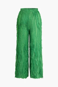 Ruffled Textured Halter Crop Top And Wide-Leg Pants Set