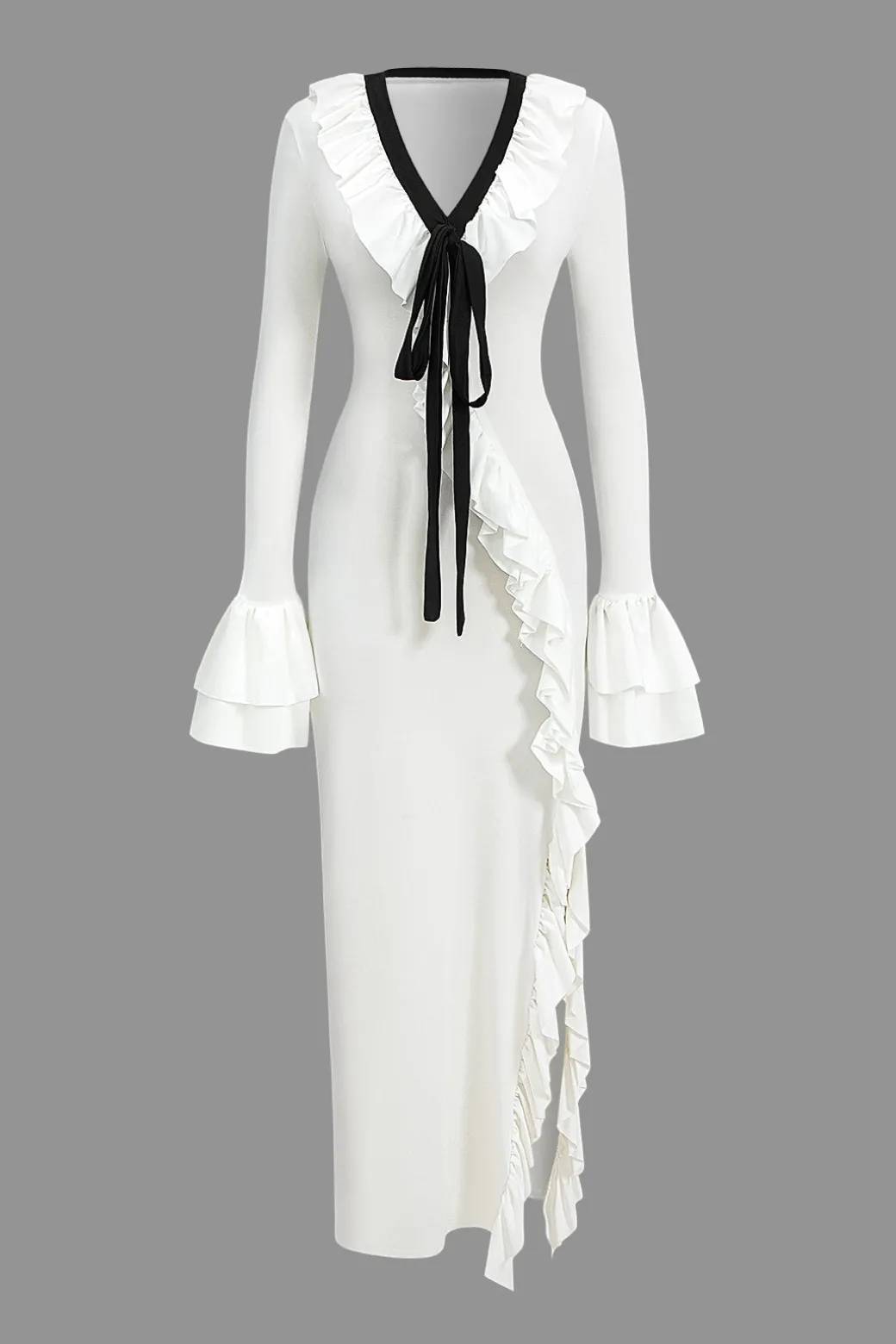 Ruffled V-Neck Long Sleeve Maxi Dress