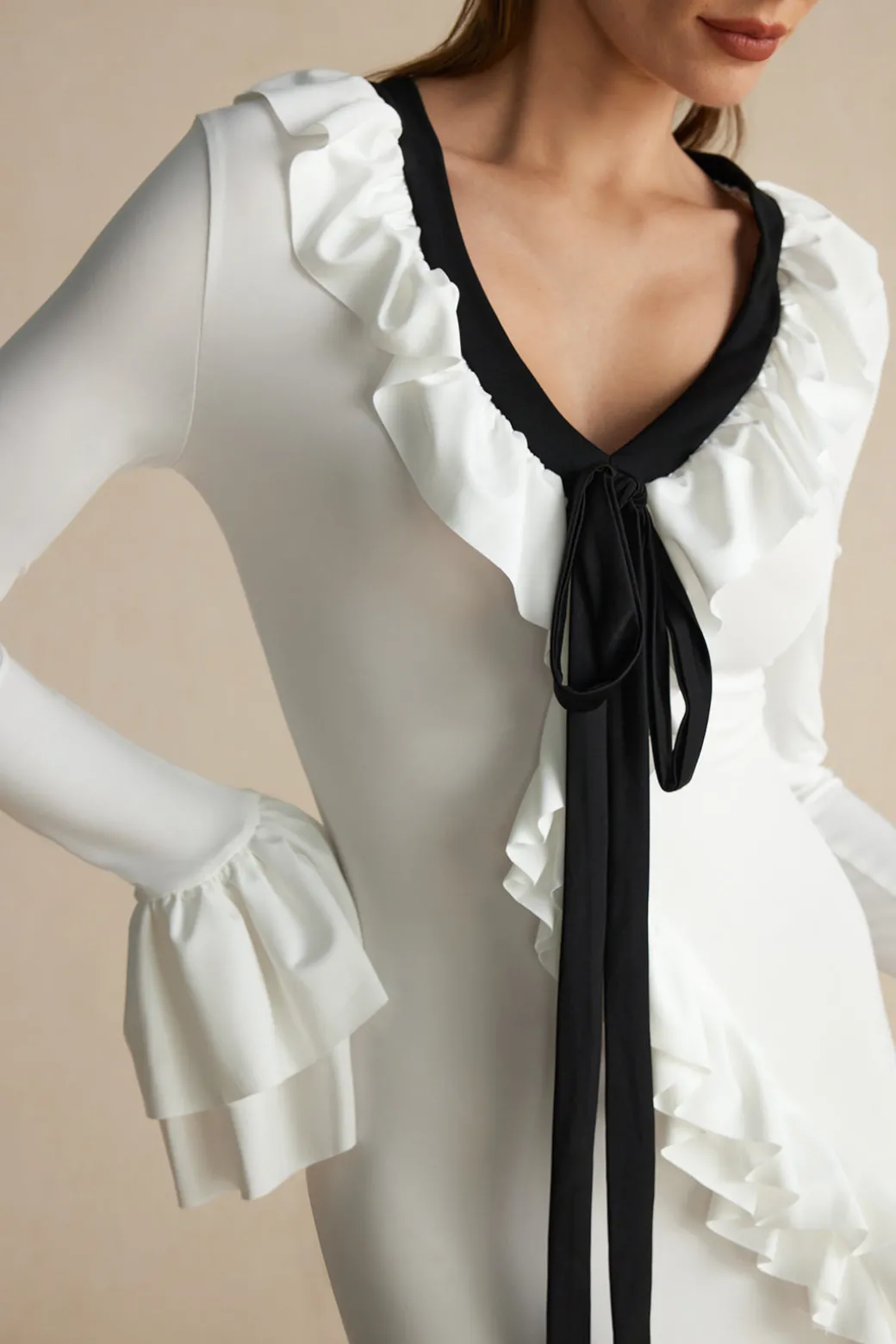 Ruffled V-Neck Long Sleeve Maxi Dress