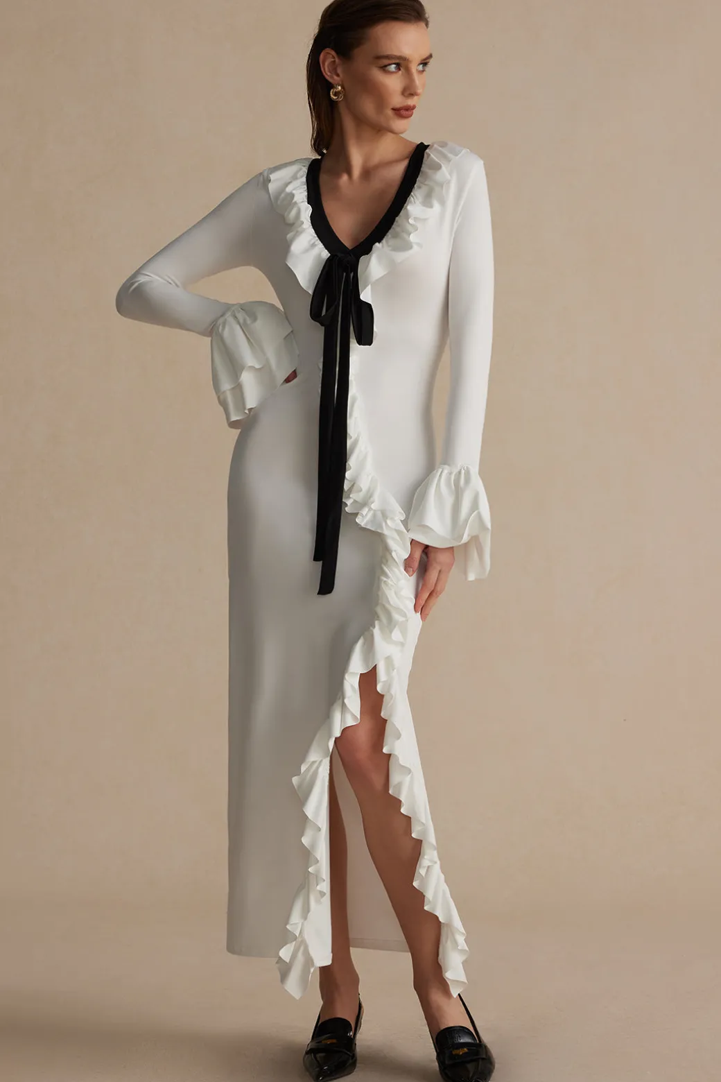 Ruffled V-Neck Long Sleeve Maxi Dress