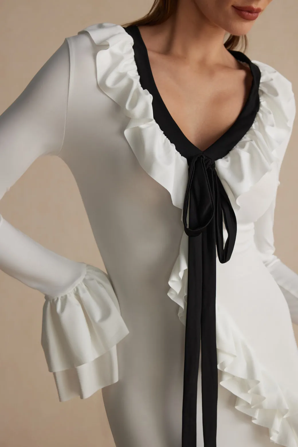 Ruffled V-Neck Long Sleeve Maxi Dress