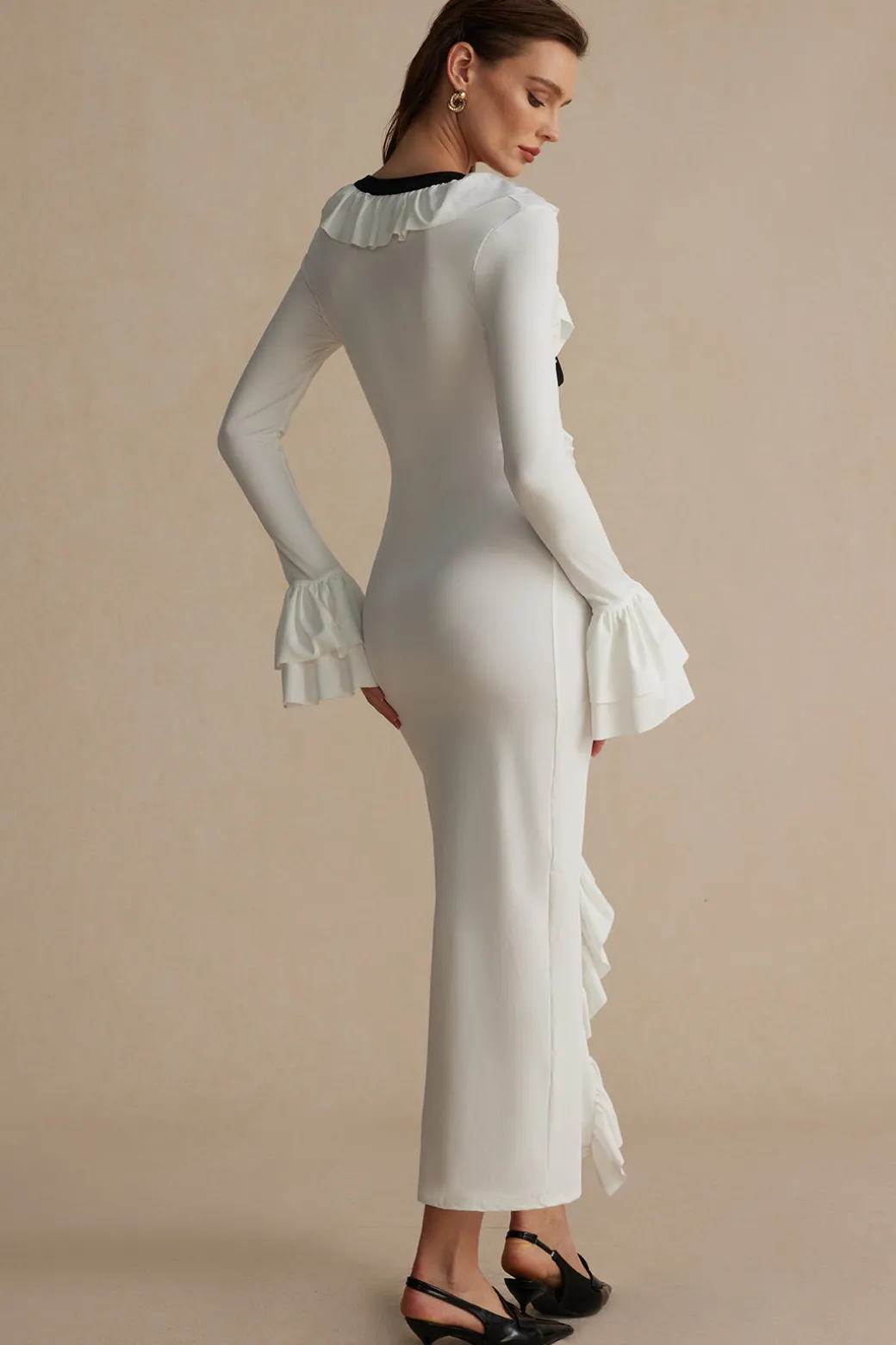 Ruffled V-Neck Long Sleeve Maxi Dress