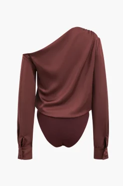 Satin Asymmetrical Long Sleeve Ruched Bodysuit